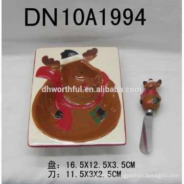 Deer design ceramic butter bowl & knife for christmas